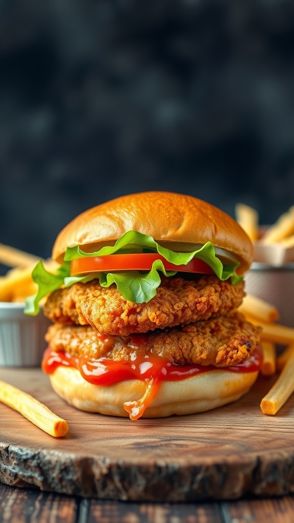 A spicy zinger burger with crispy chicken, lettuce, and tomato on a toasted bun, served with fries.